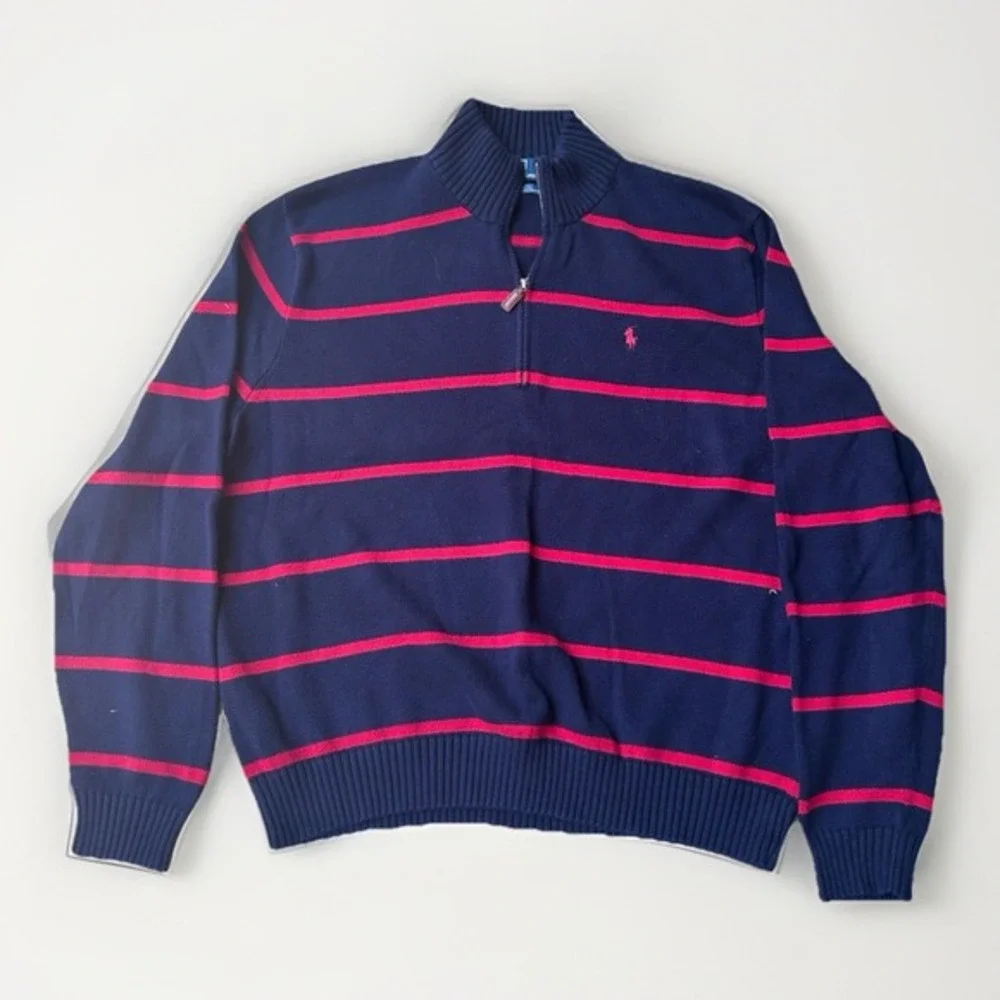 Vtg polo‎ ralph lauren sweater Navy And Red Striped XXL Cotton  1/4 Zip